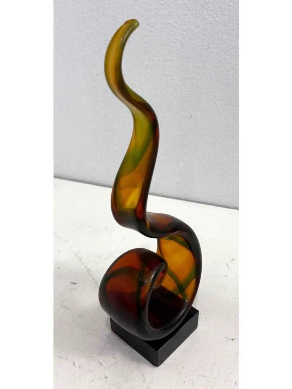 Murano Style Art Heavy Glass Swirl Music Abstract Sculpture Amber Green 14” VTG